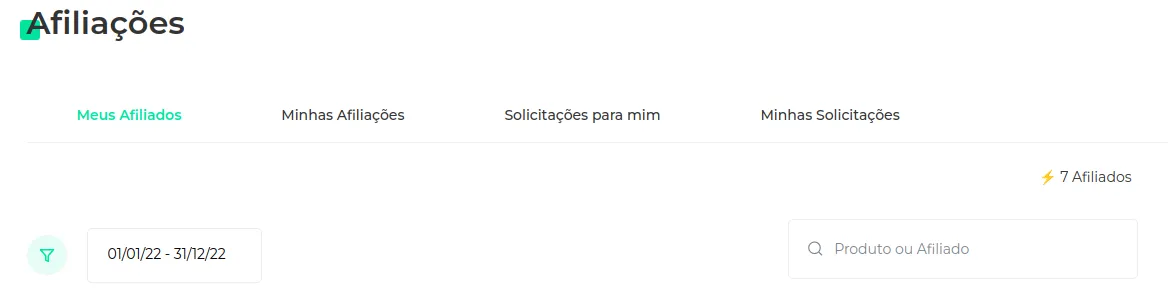 Tela de Afiliações com as abas Meus Afiliados, Minhas afiliações, Solicitações pra mim e Minhas solicitações