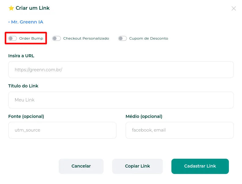 Campo de título do novo link com a opção OrderBump ativada