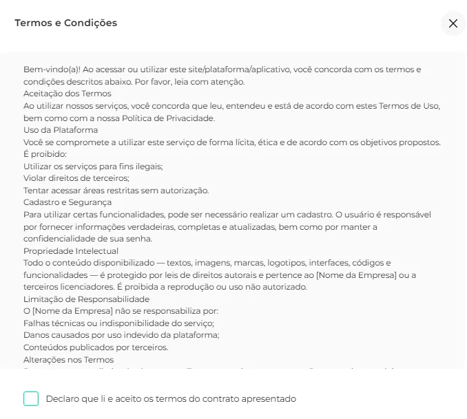 Janela com os termos e condições do contrato aberta no checkout