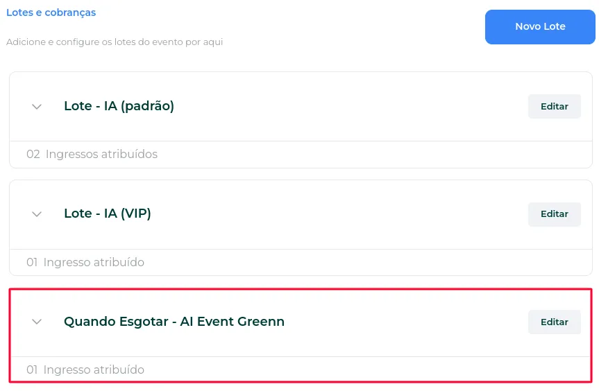 Lote criado na lista
