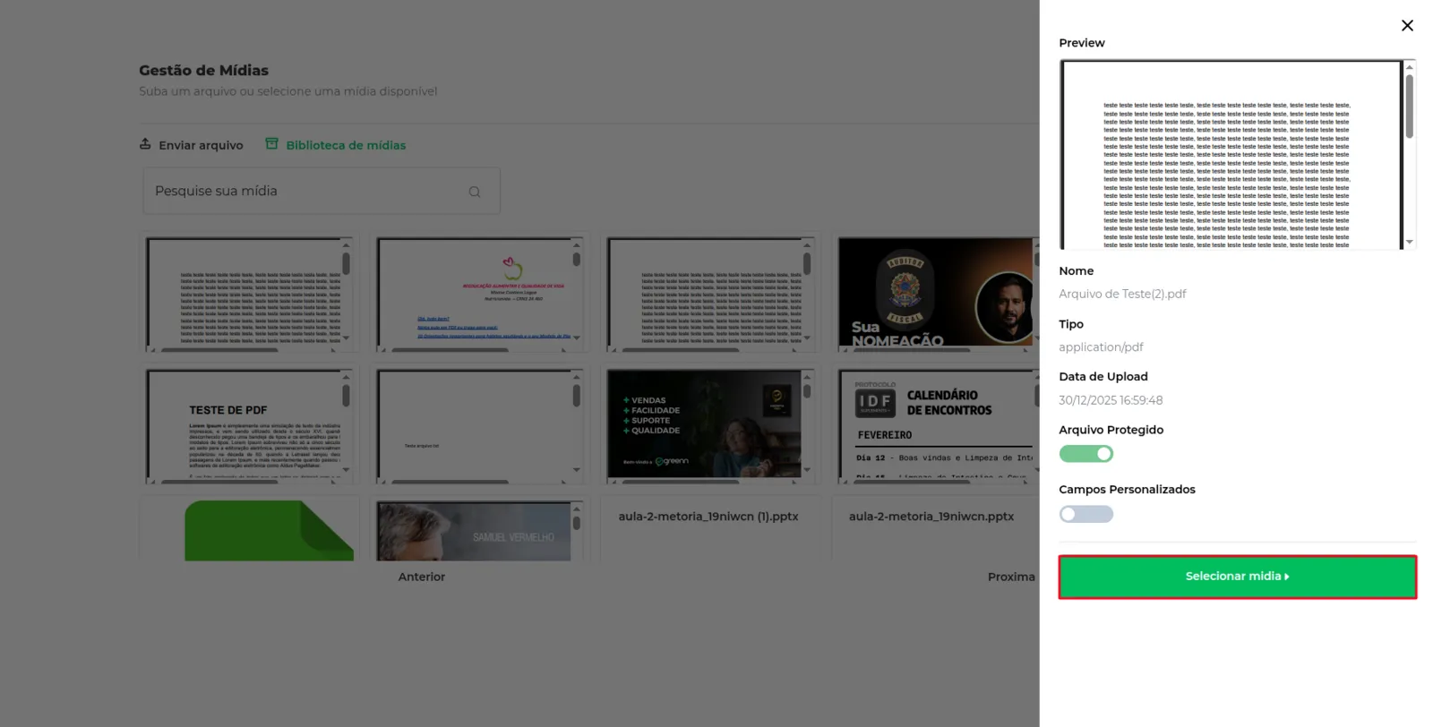 Botão para testar a mídia
