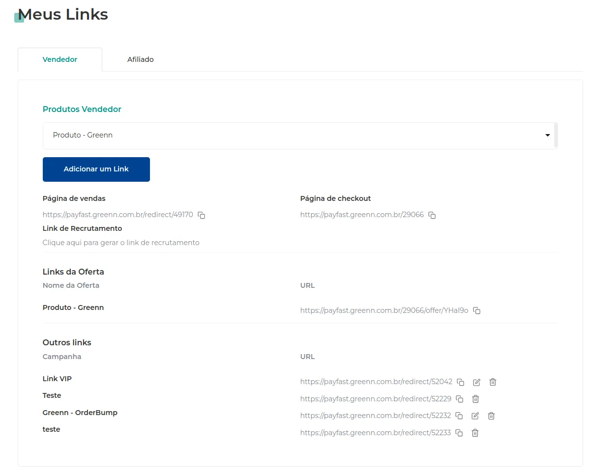 Lista com os links do produto