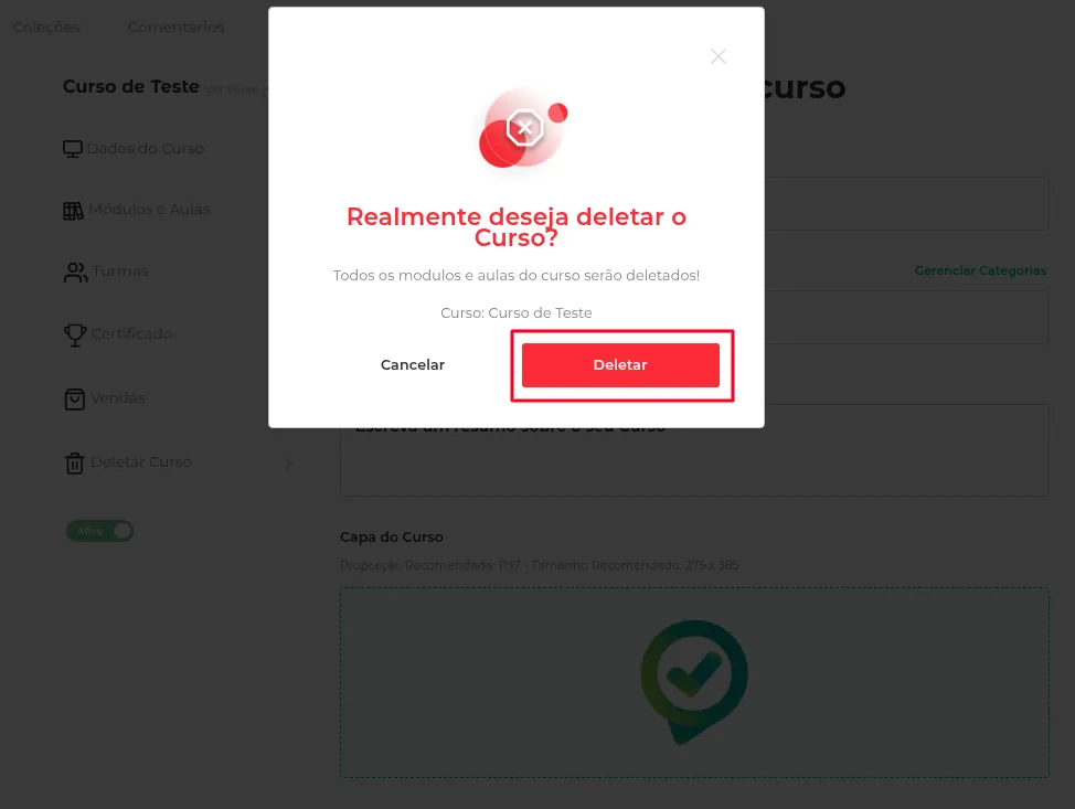 Janela de confirmação para deletar o curso