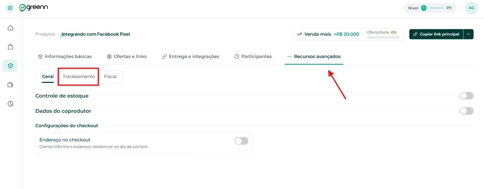 Menu Recursos Avançados com a opção Trackeamento