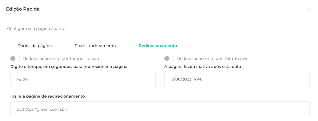 Aba Redirecionamento da edição rápida