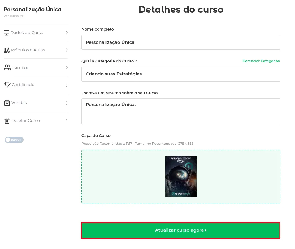 Botão Atualizar Curso Agora na edição do curso