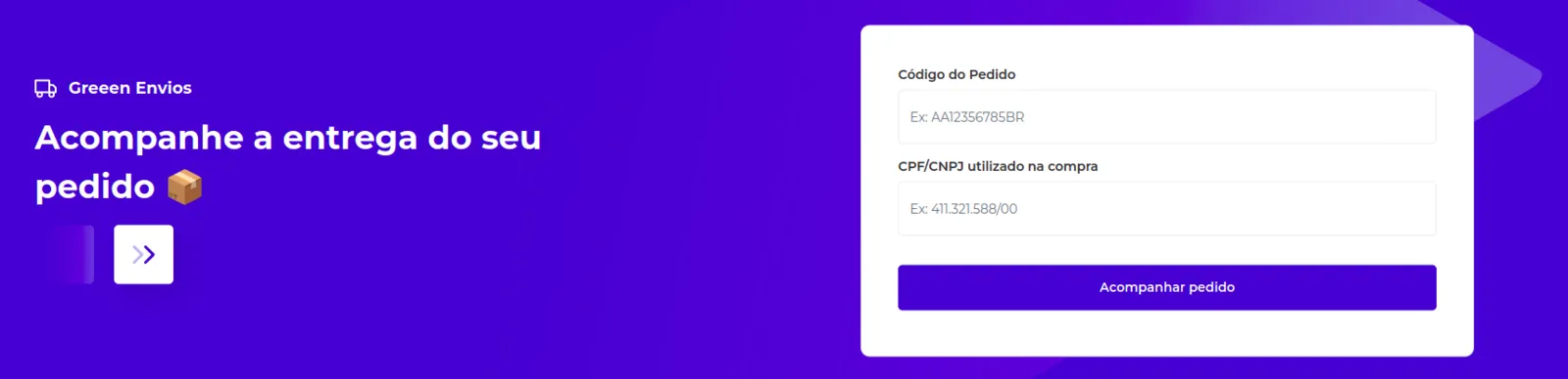 Tela de rastreio com os campos de código do pedido e CPF ou CNPJ