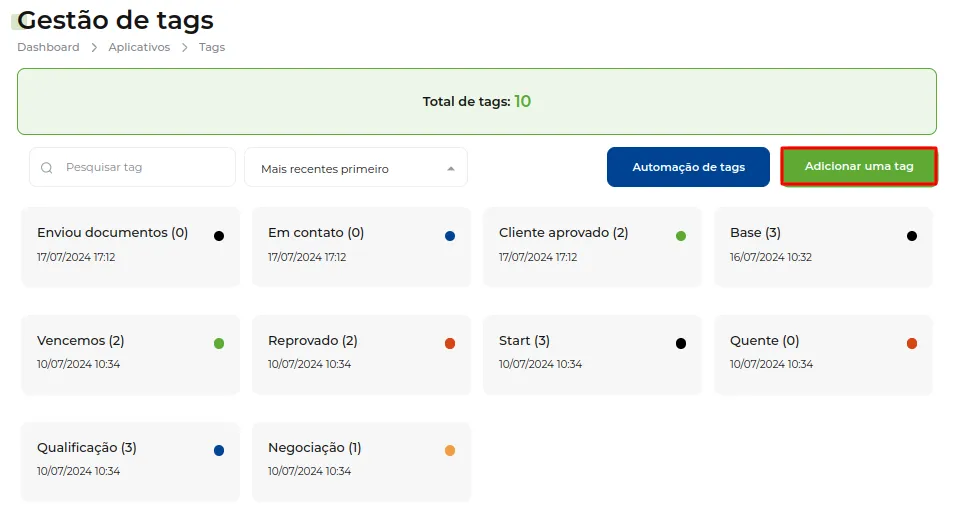 Tela do passo: Cliquem em Adicionar uma Tag