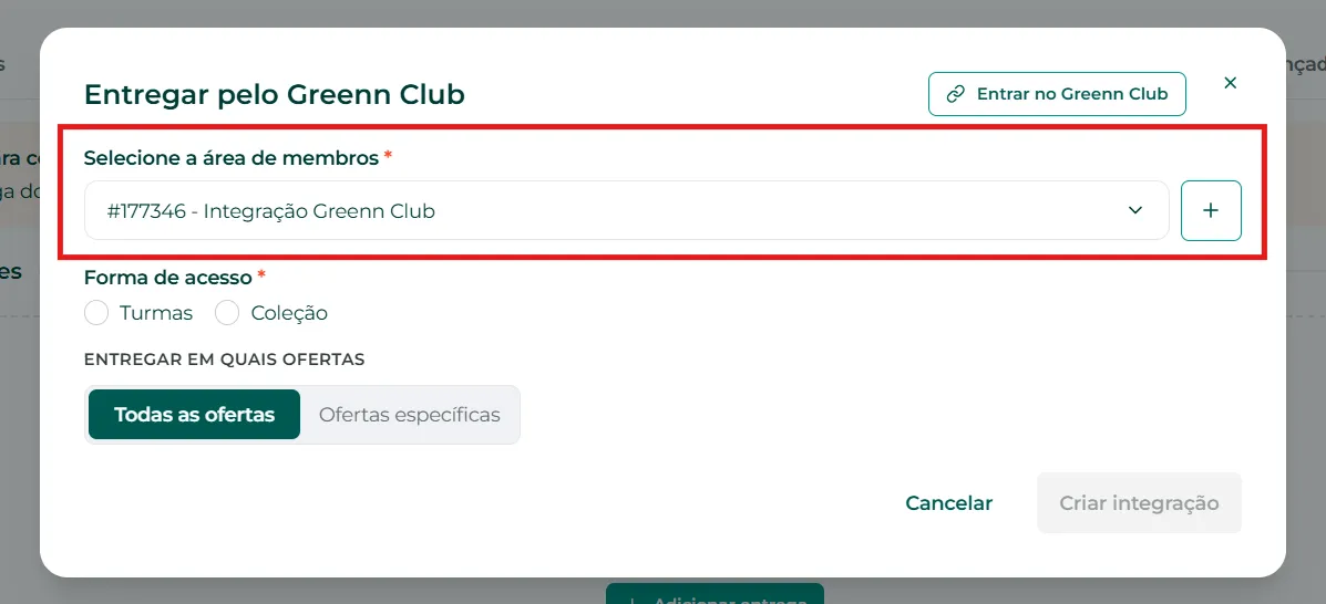 Seleção da área de membros