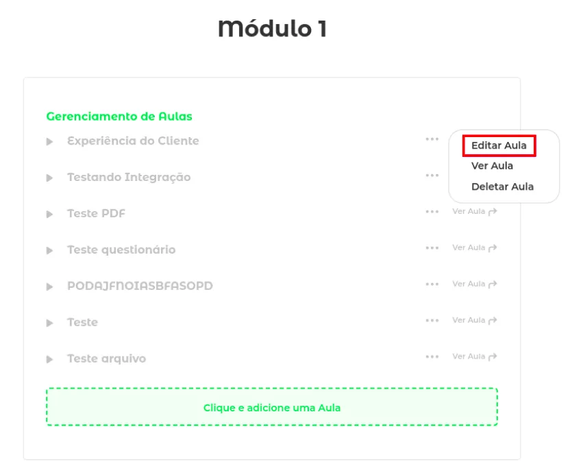 Opção Editar Aula