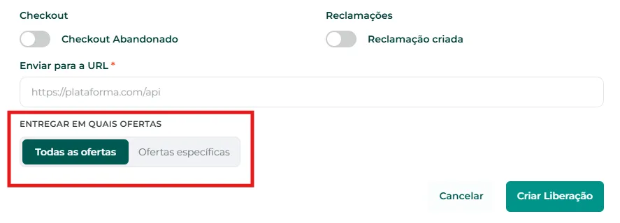 Seleção entre todas as ofertas e ofertas específicas