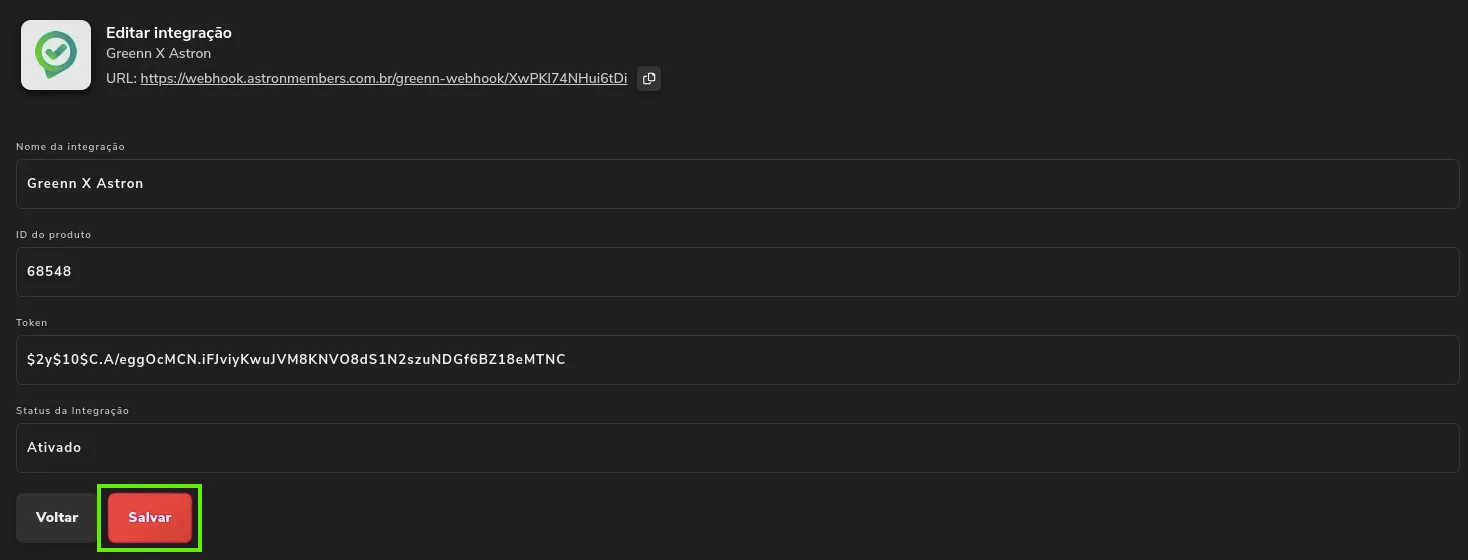Campos ID do produto e Token preenchidos