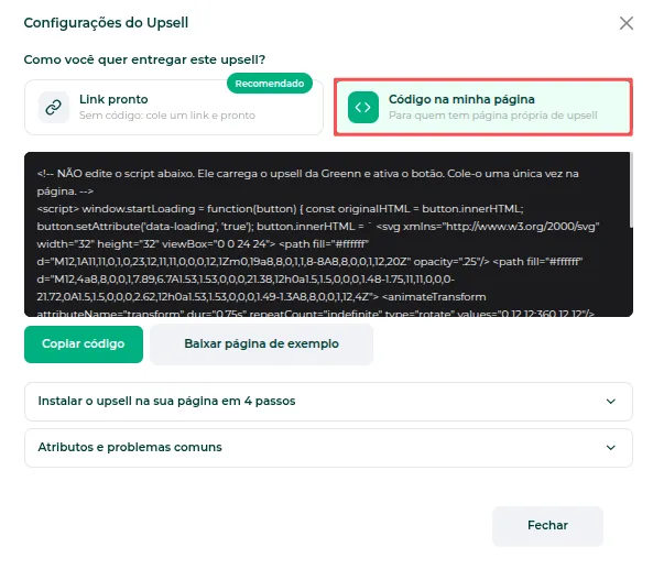 Opção Código na minha página