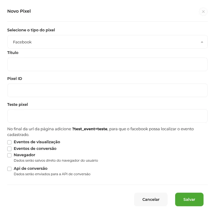 Tela da Greenn Sales: Aqui será necessário que o você selecione o tipo Google Tag Manager, um Título e também o