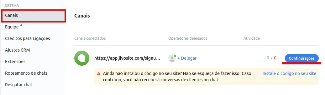 Aba Canais do JivoChat