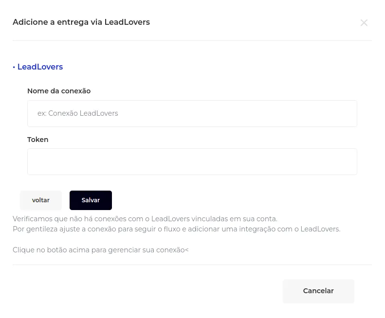 Campos Nome da conexão e Token da LeadLovers