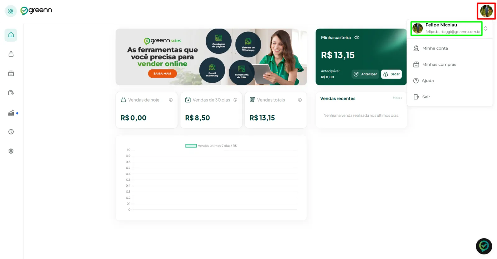Ícone de usuário no canto superior direito do painel