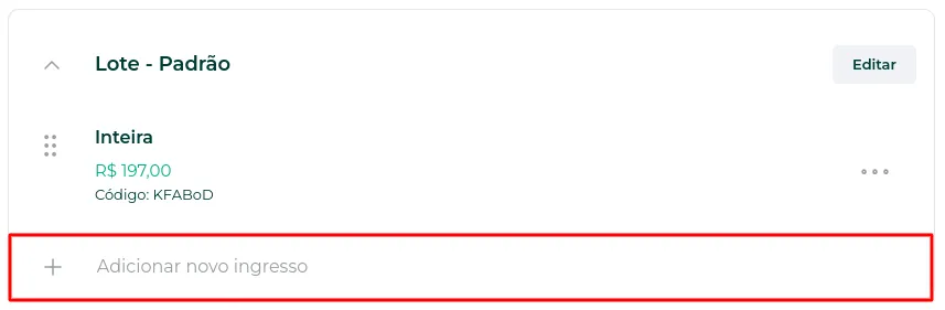 Opção Adicionar novo Ingresso