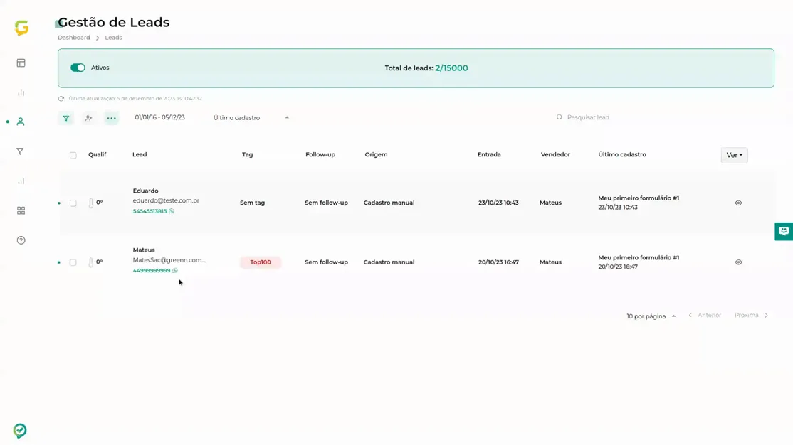 Tela da Greenn Sales: Selecione o Lead, clique em Ações e Enviar um e-mail
