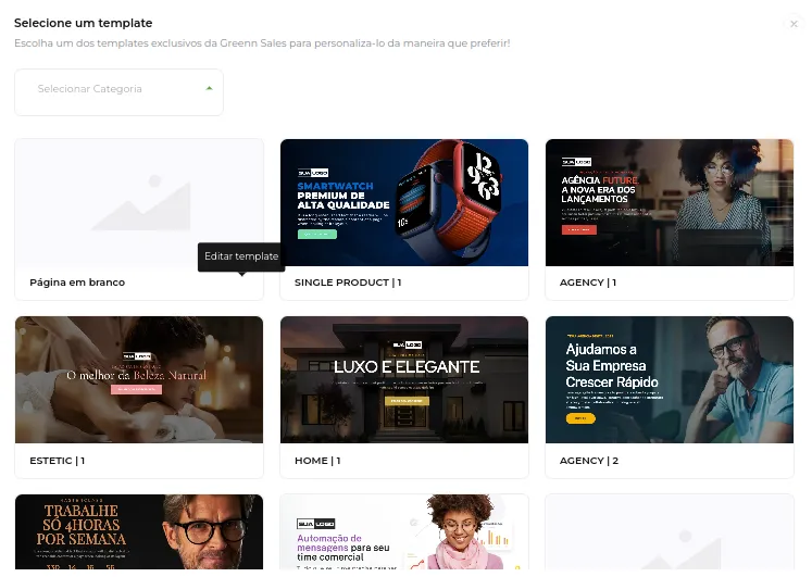Tela da Greenn Sales: Ao acessar a criação, você pode selecionar um Template em Branco