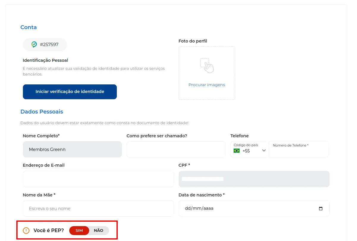 Tela Minha Conta com a opção Você é PEP? ativada