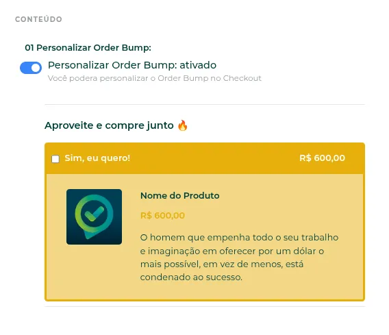 Configuração de cores e textos do order bump