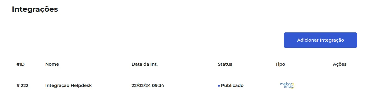 Integração com o Melhor Envio listada como ativa