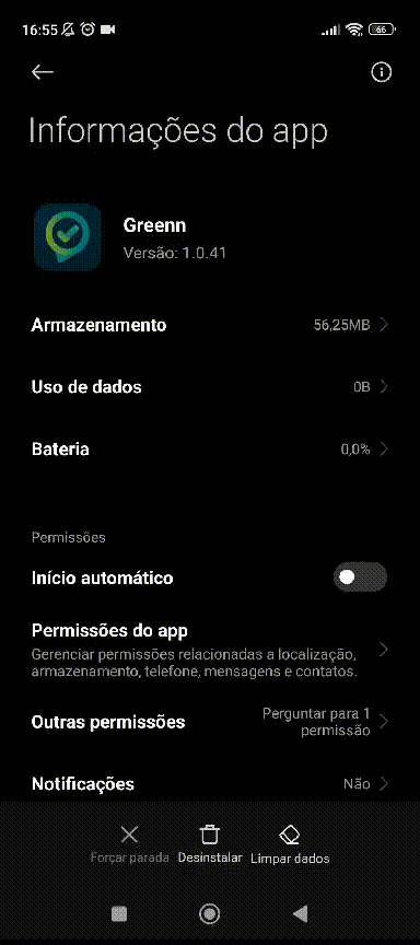 Tela de informações do app com as notificações