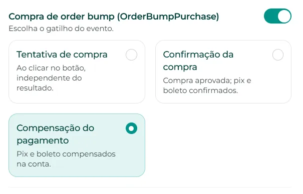 Opções de envio do evento OrderBumpPurchase