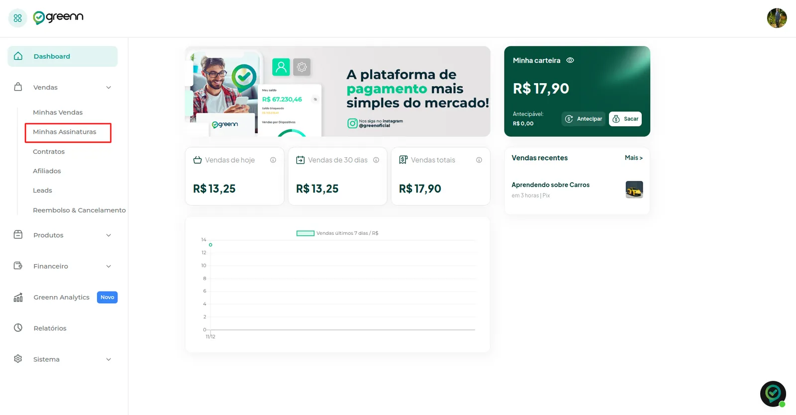 Menu Vendas com a opção Minhas Assinaturas