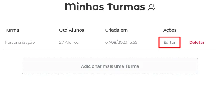 Turma com a opção de edição