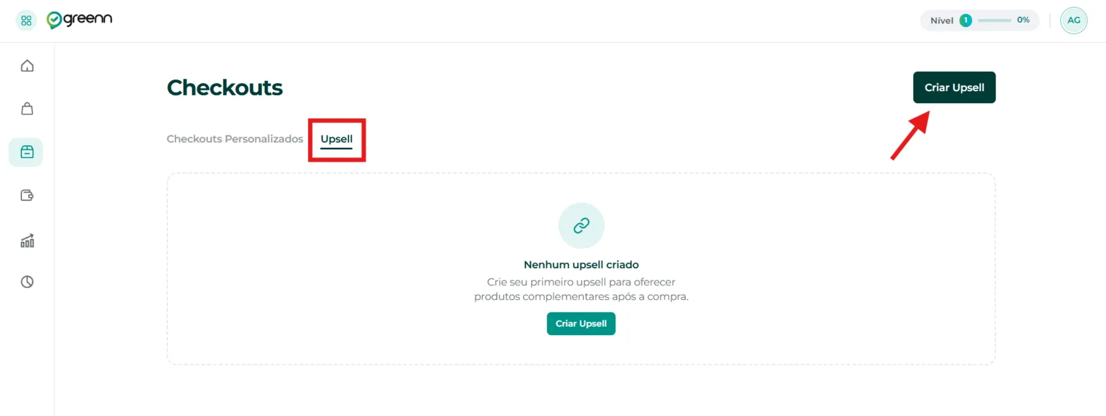 Aba Upsell com o botão Criar upsell
