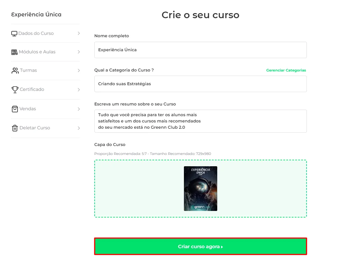 Botão Salvar o Curso
