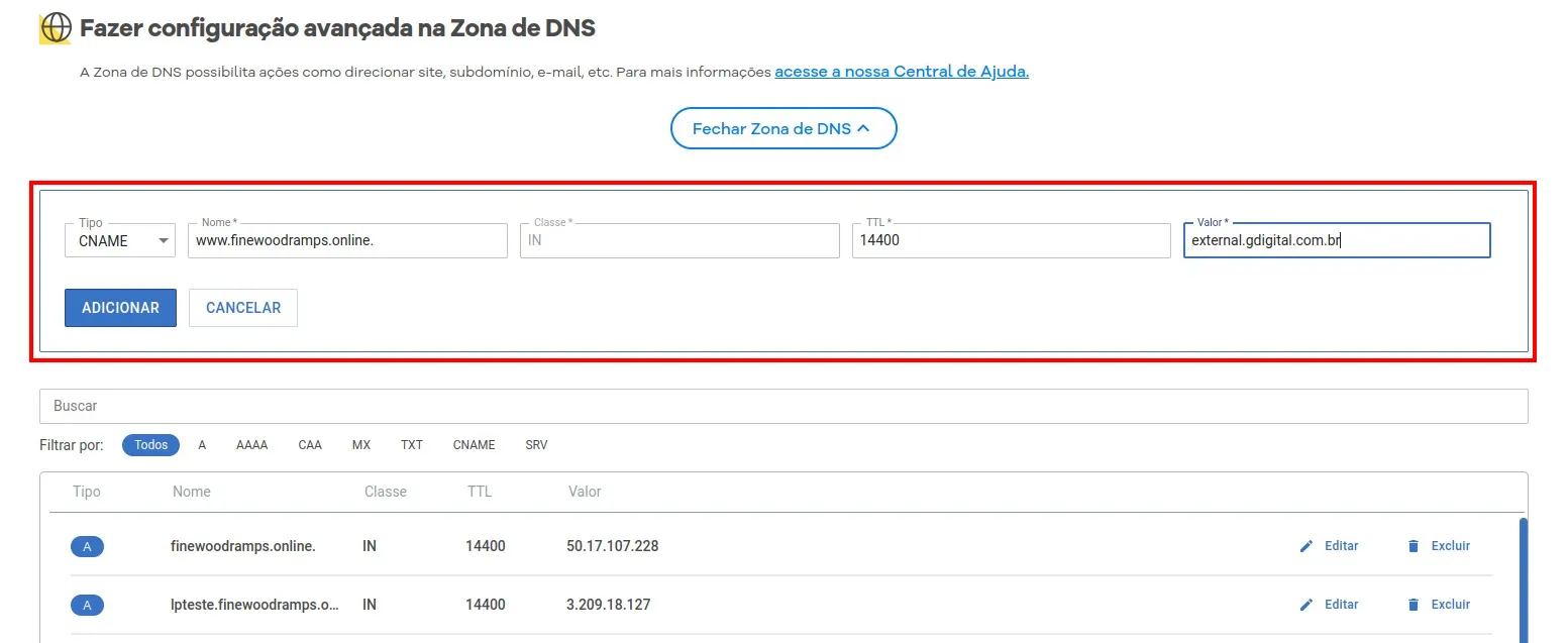 Tela do passo: Adicione um registro dessa forma e clique em Adicionar