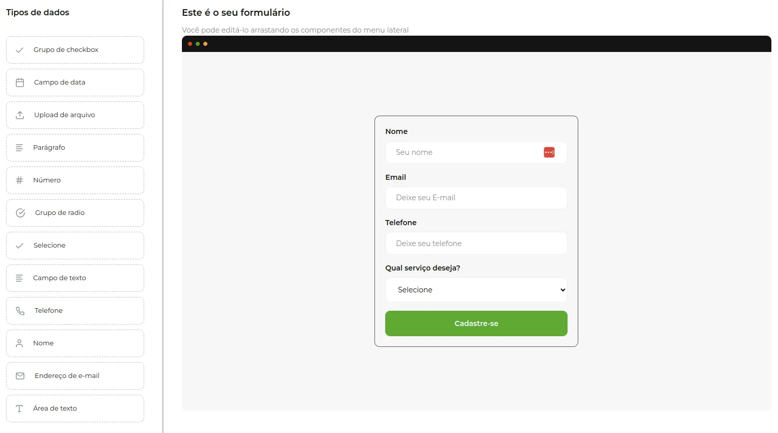 Exemplo de formulário personalizado