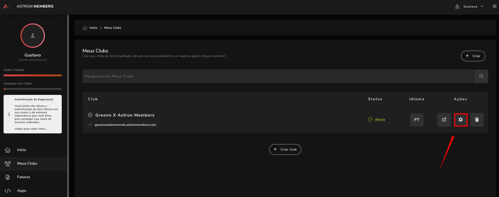 Engrenagem de Configurações do Club