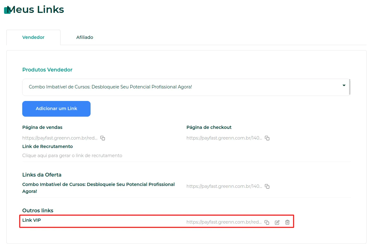 Lista de links do produto