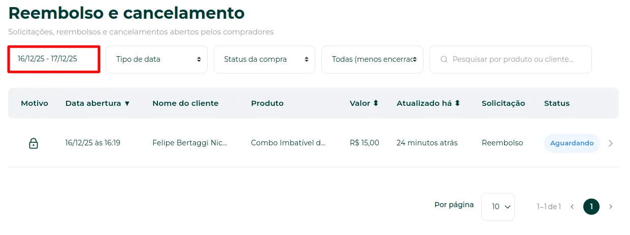 Filtro de data na tela de Reembolso & Cancelamento
