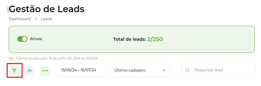Tela da Greenn Sales: Agora clique no Ícone Filtros