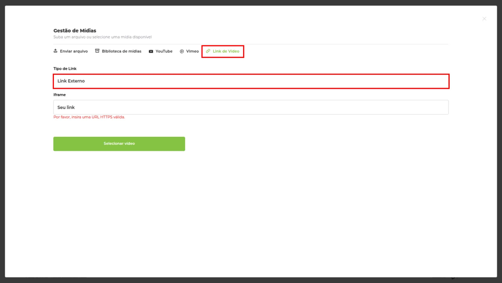 Opções link de vídeo e link externo