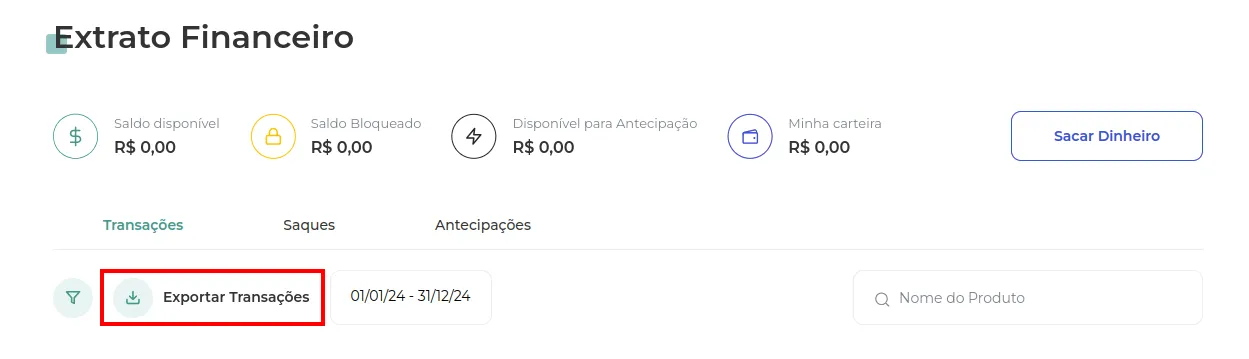 Botão Exportar Transações no Extrato