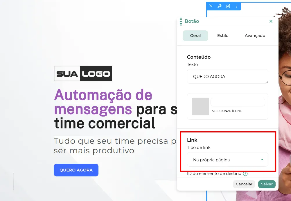 Tela do passo: Agora clique na opção Tipo de link e selecione na Na própria página
