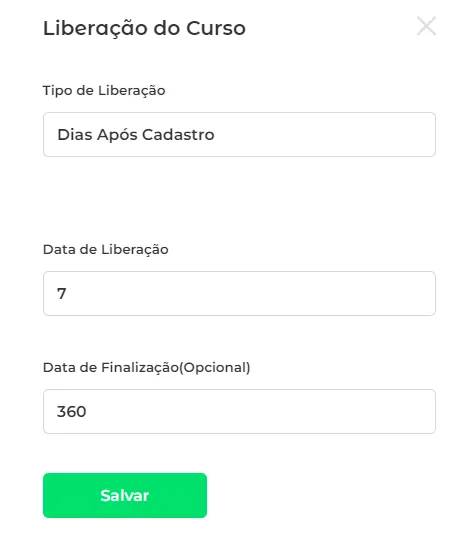 Campo de dias após o cadastro