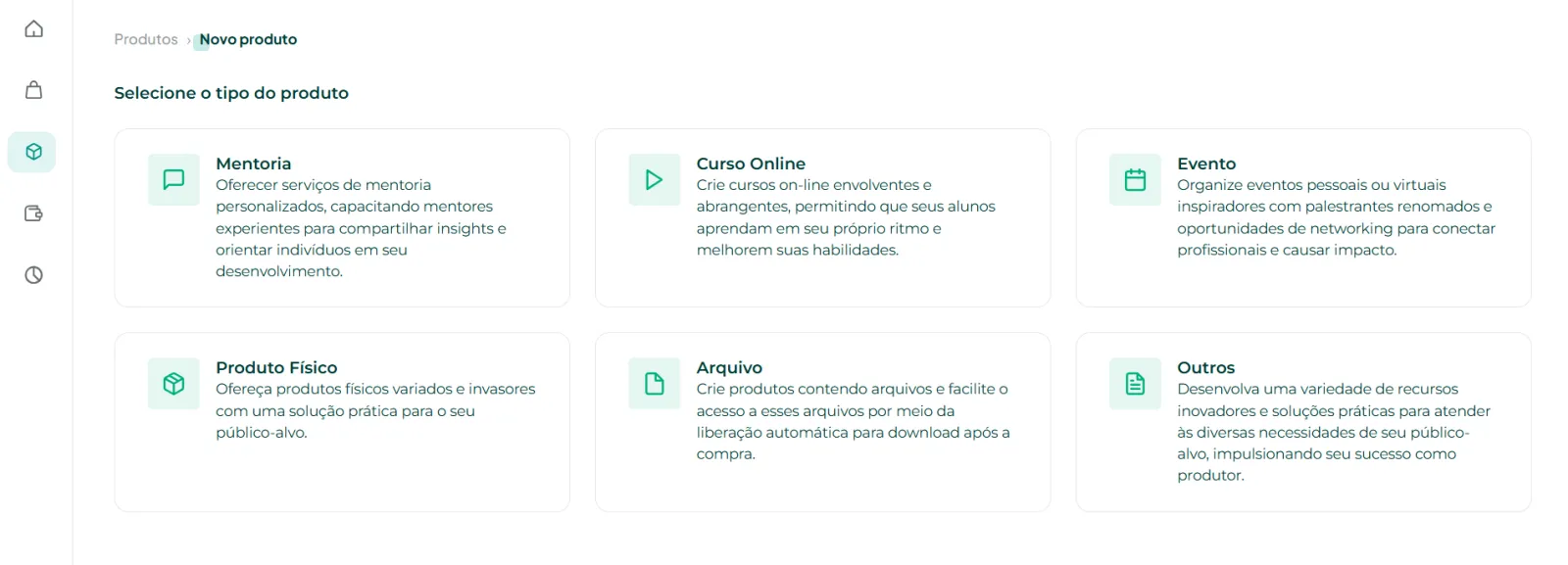 Tela de tipos de produto