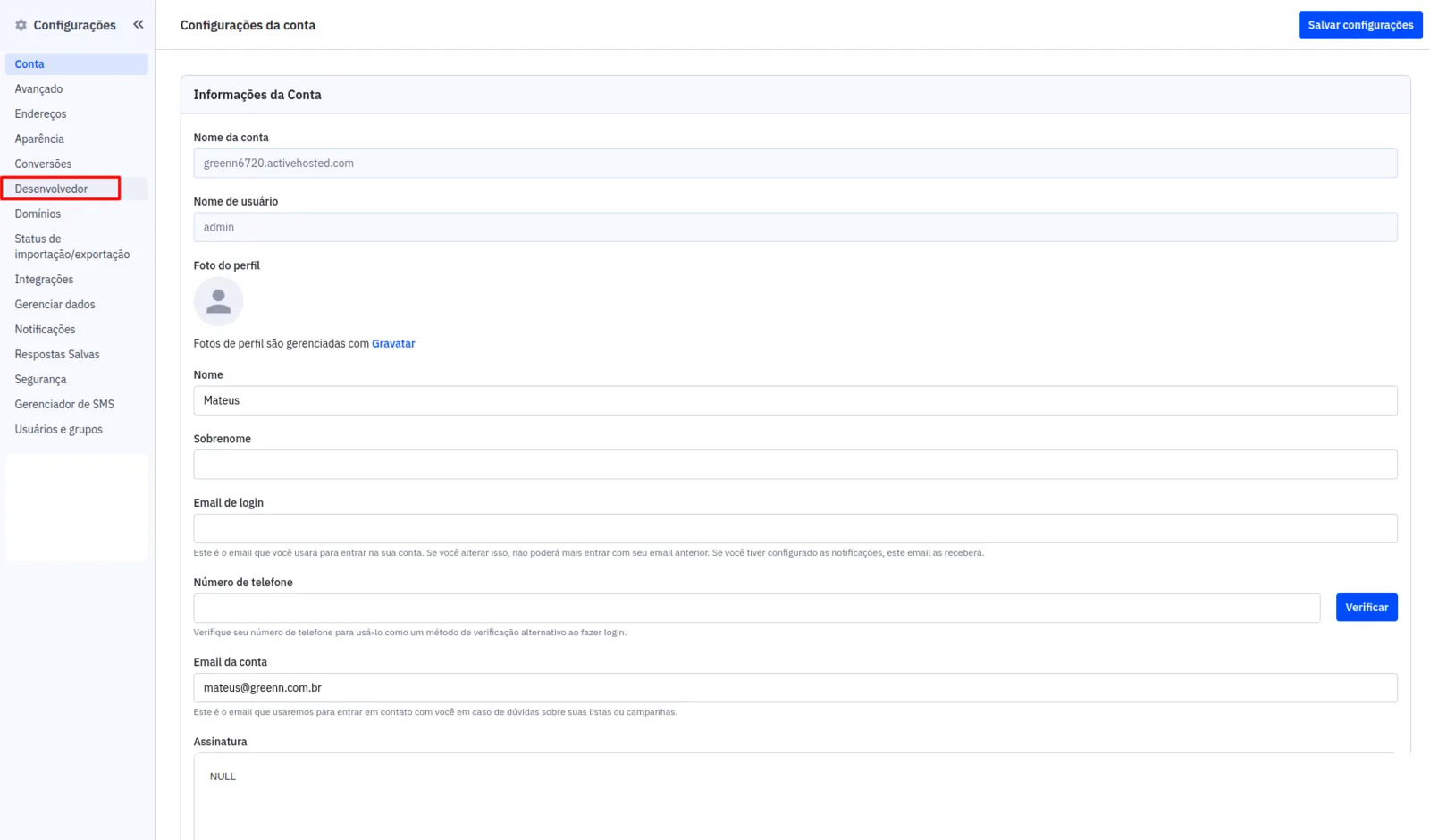Configurações da ActiveCampaign com a aba Desenvolvedor