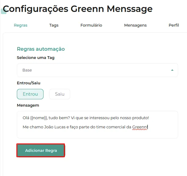 Tela da Greenn Sales: Abaixo cadastre a Mensagem e clique em Adicionar