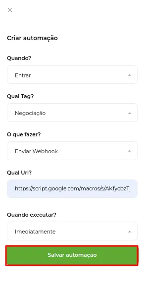 Campo da URL do webhook e botão Salvar automação