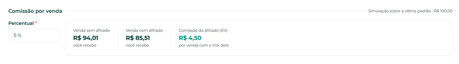 Campo de comissão por venda com a simulação do valor