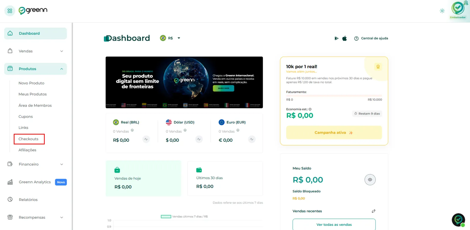 Menu do painel com a opção Checkout