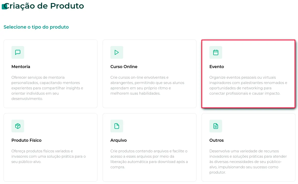 Tela de tipos de produto com a opção Evento